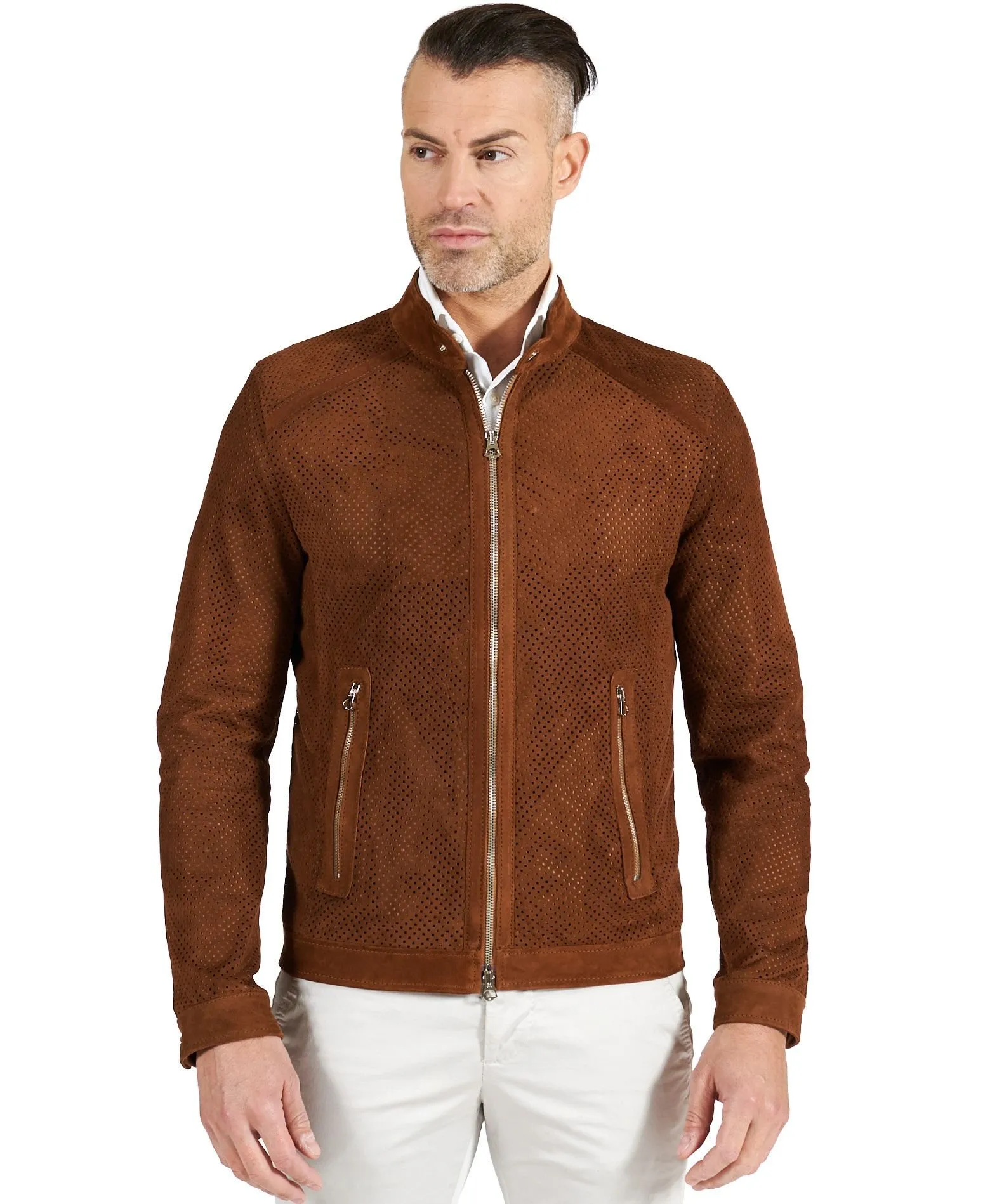 Veste moto cuir homme blouson cuir daim perforé cognac Ted