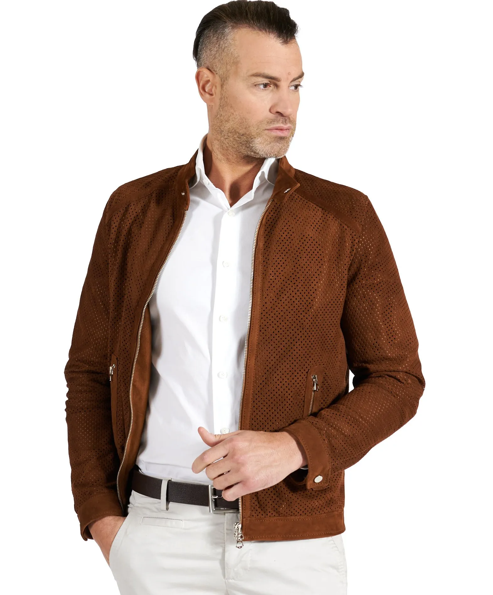 Veste moto cuir homme blouson cuir daim perforé cognac Ted