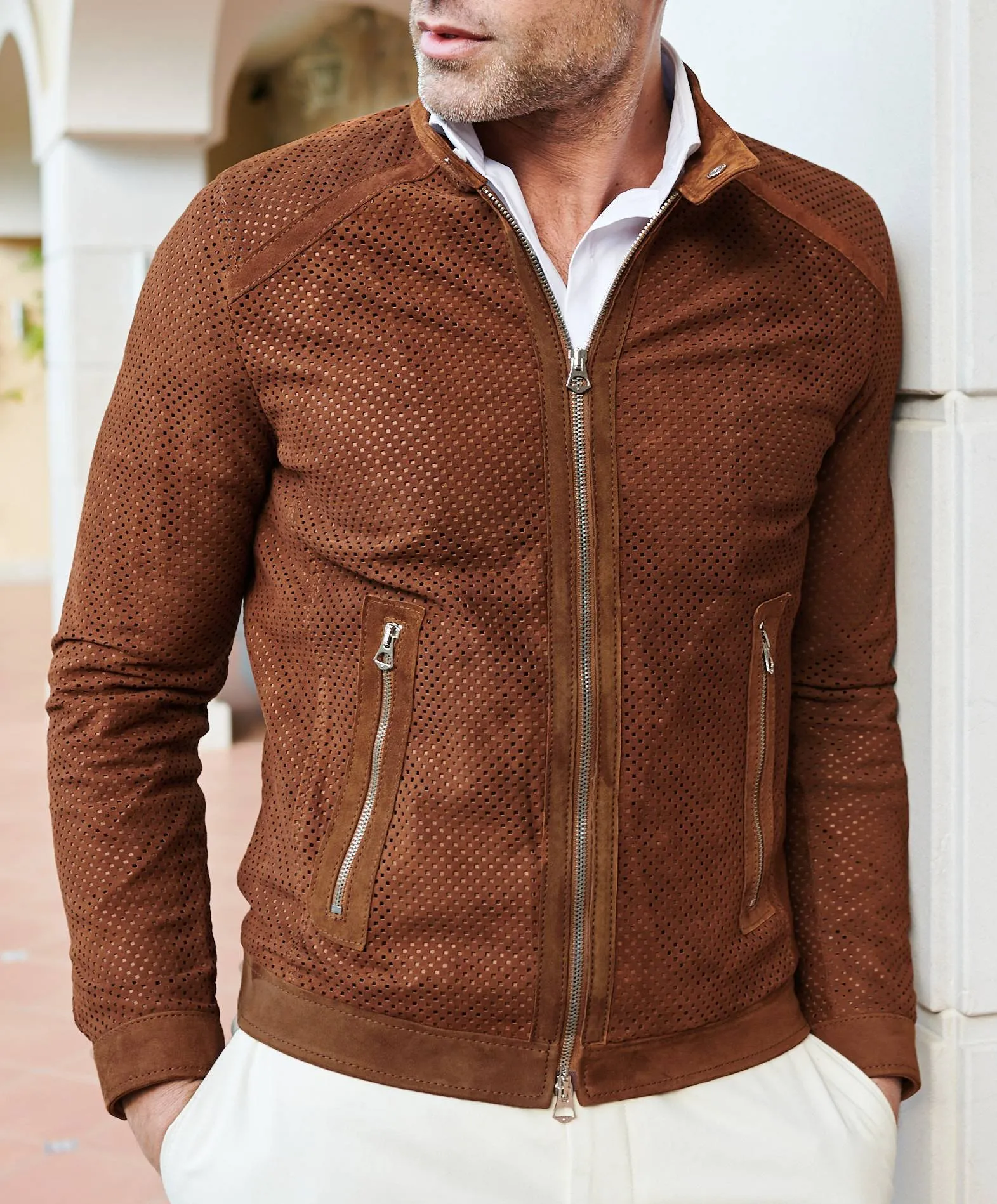 Veste moto cuir homme blouson cuir daim perforé cognac Ted