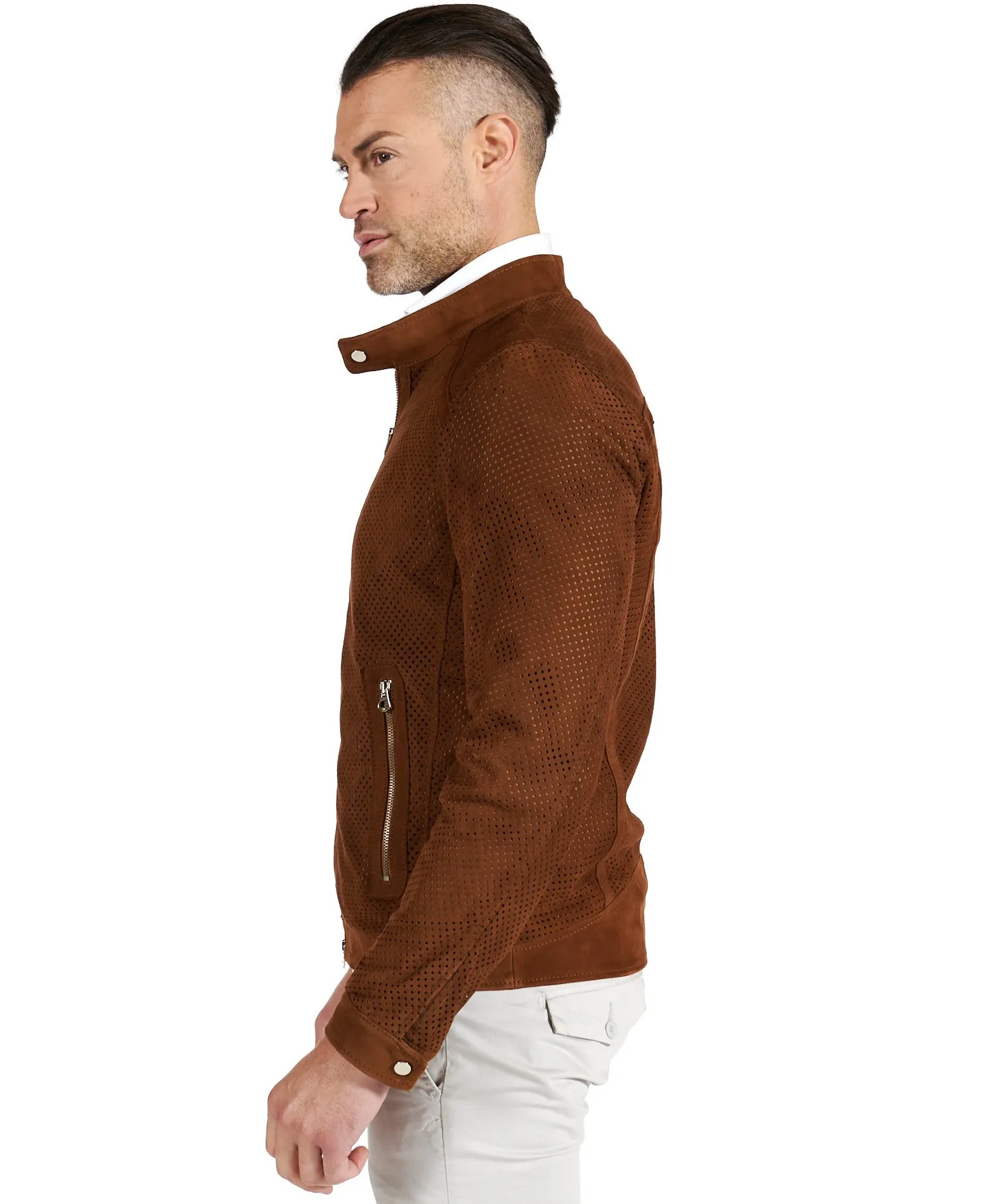 Veste moto cuir homme blouson cuir daim perforé cognac Ted