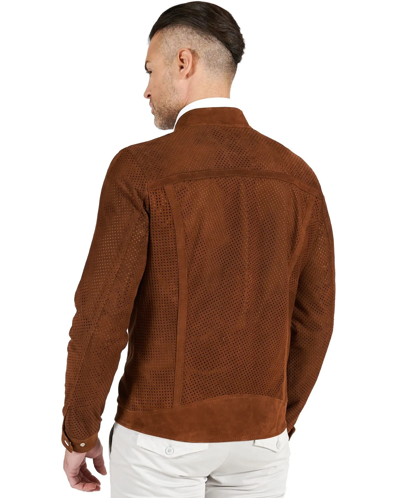 Veste moto cuir homme blouson cuir daim perforé cognac Ted