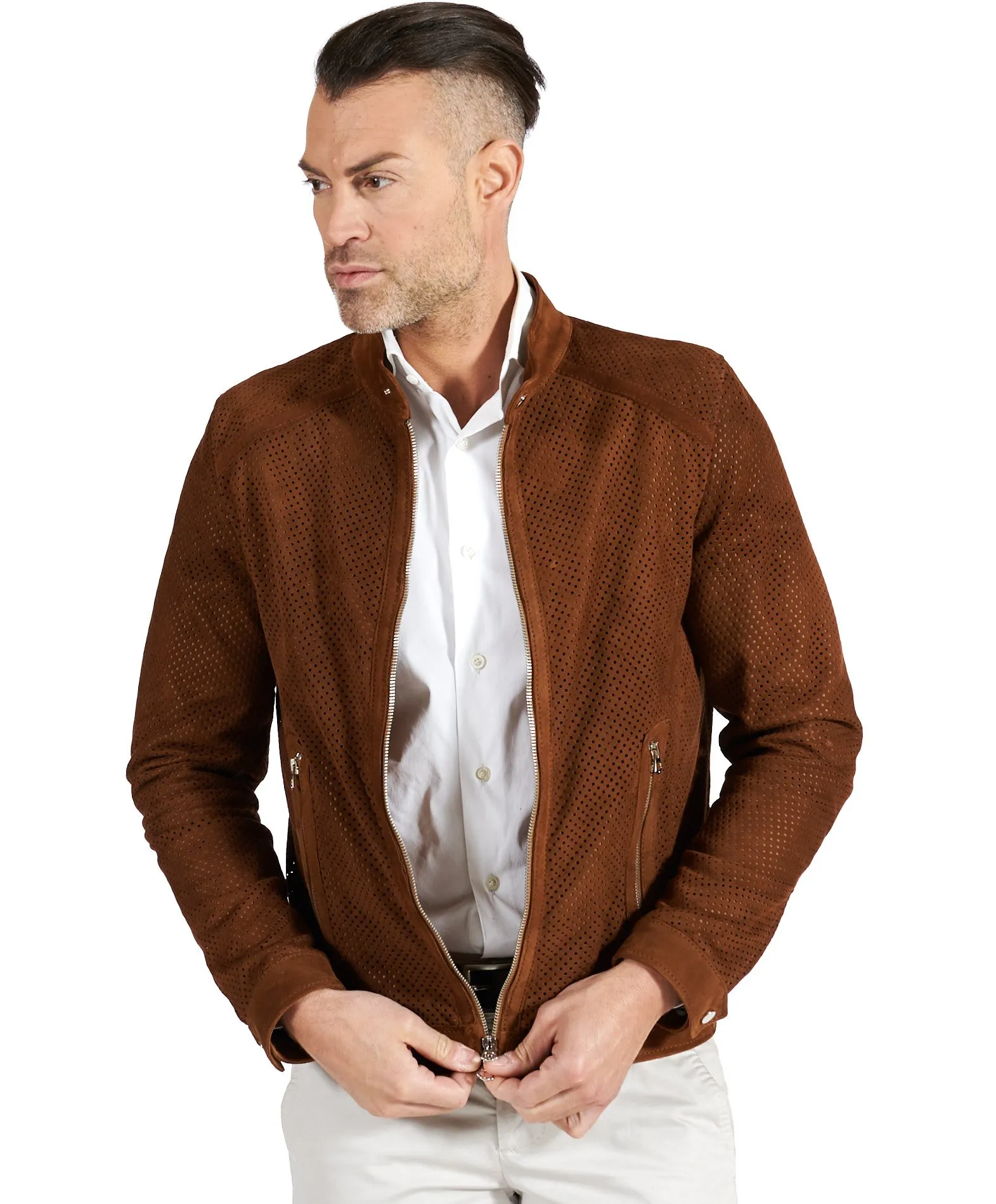 Veste moto cuir homme blouson cuir daim perforé cognac Ted