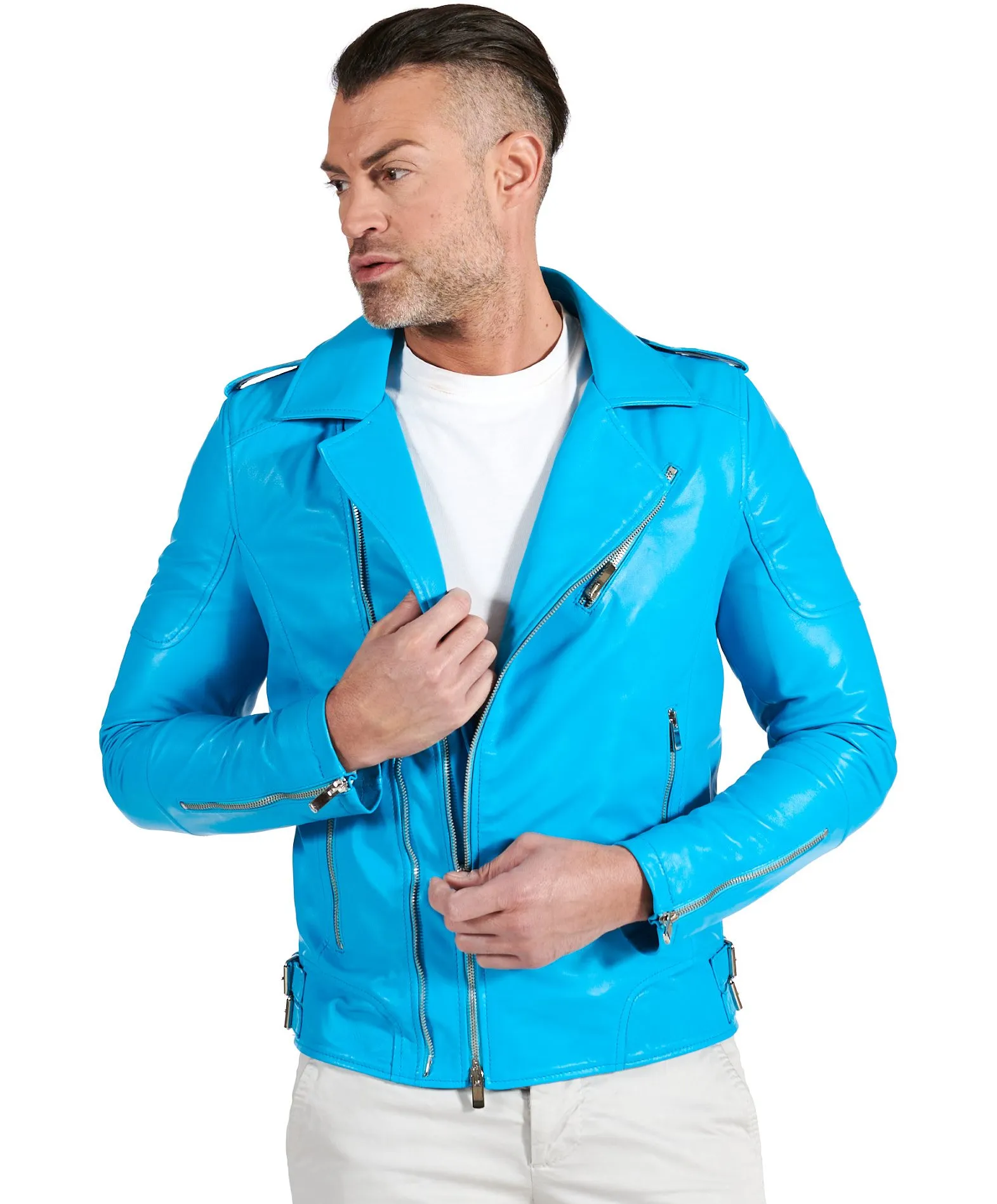 Veste moto cuir homme perfecto bleu clair blouson cuir bleu Santiago