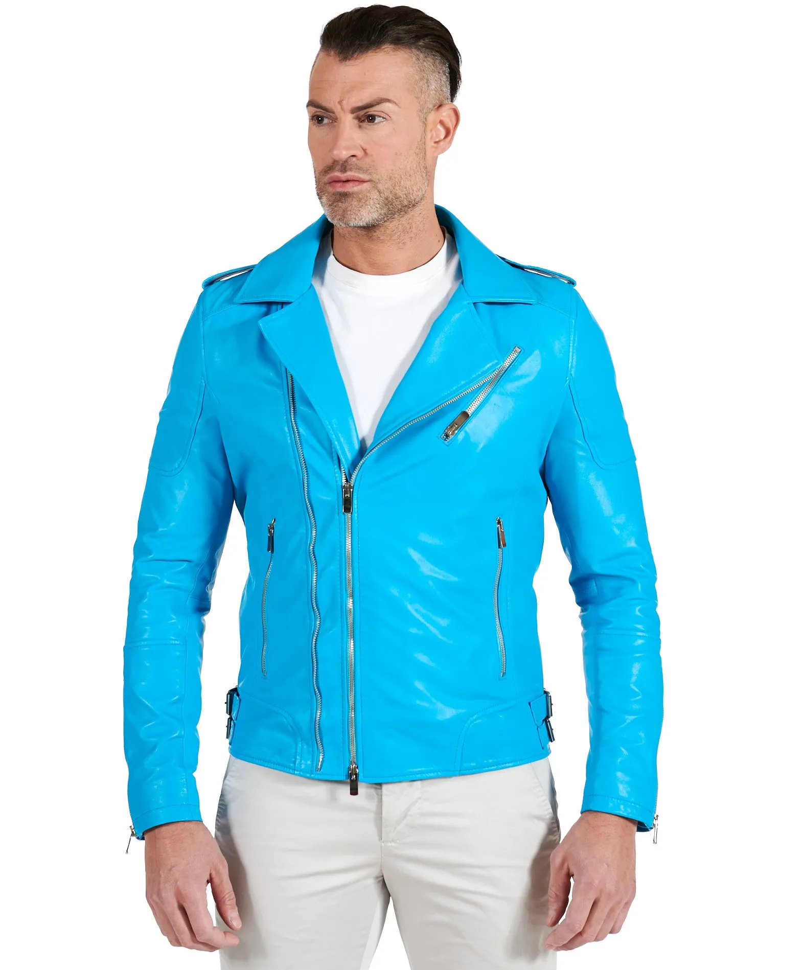 Veste moto cuir homme perfecto bleu clair blouson cuir bleu Santiago