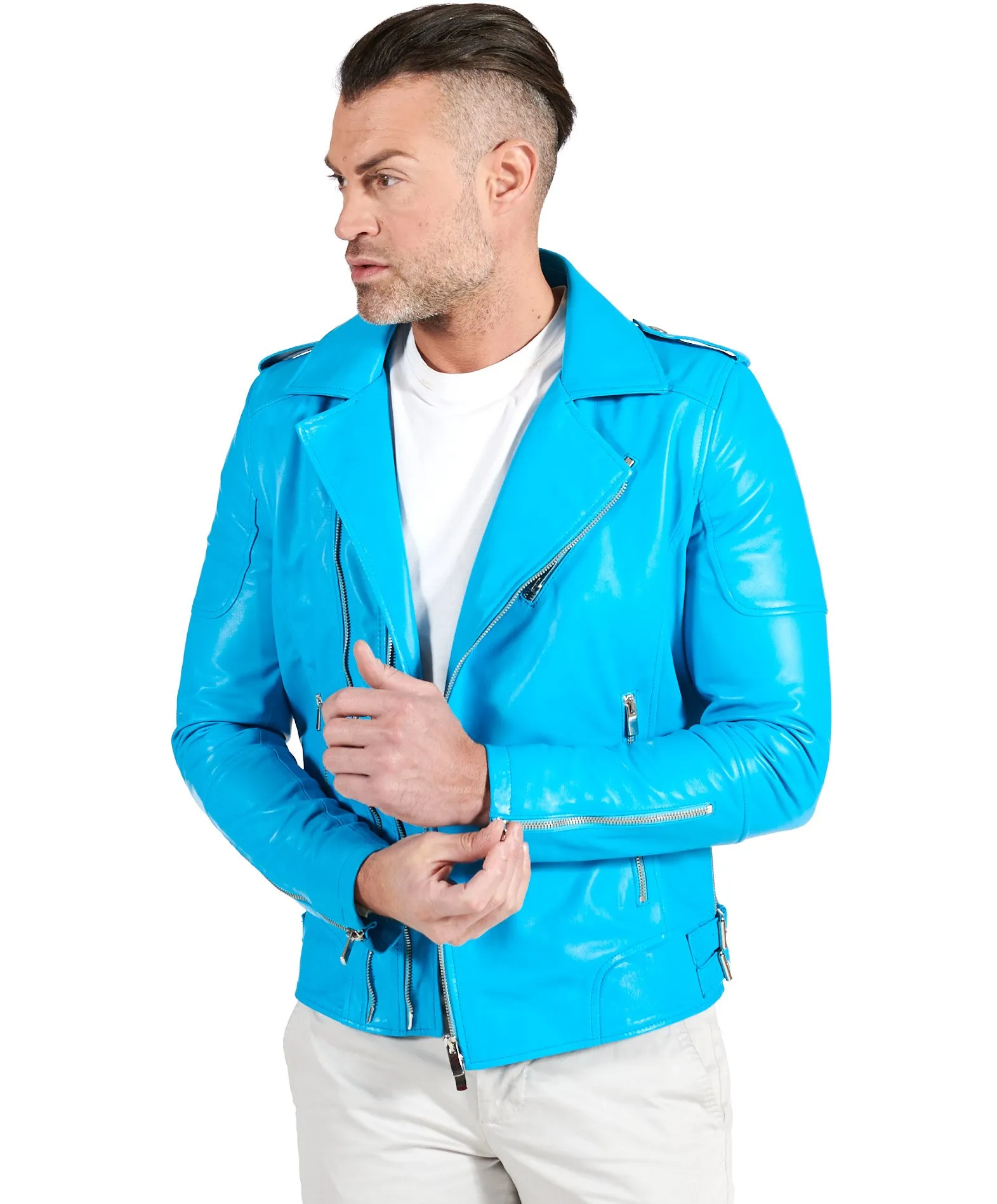 Veste moto cuir homme perfecto bleu clair blouson cuir bleu Santiago