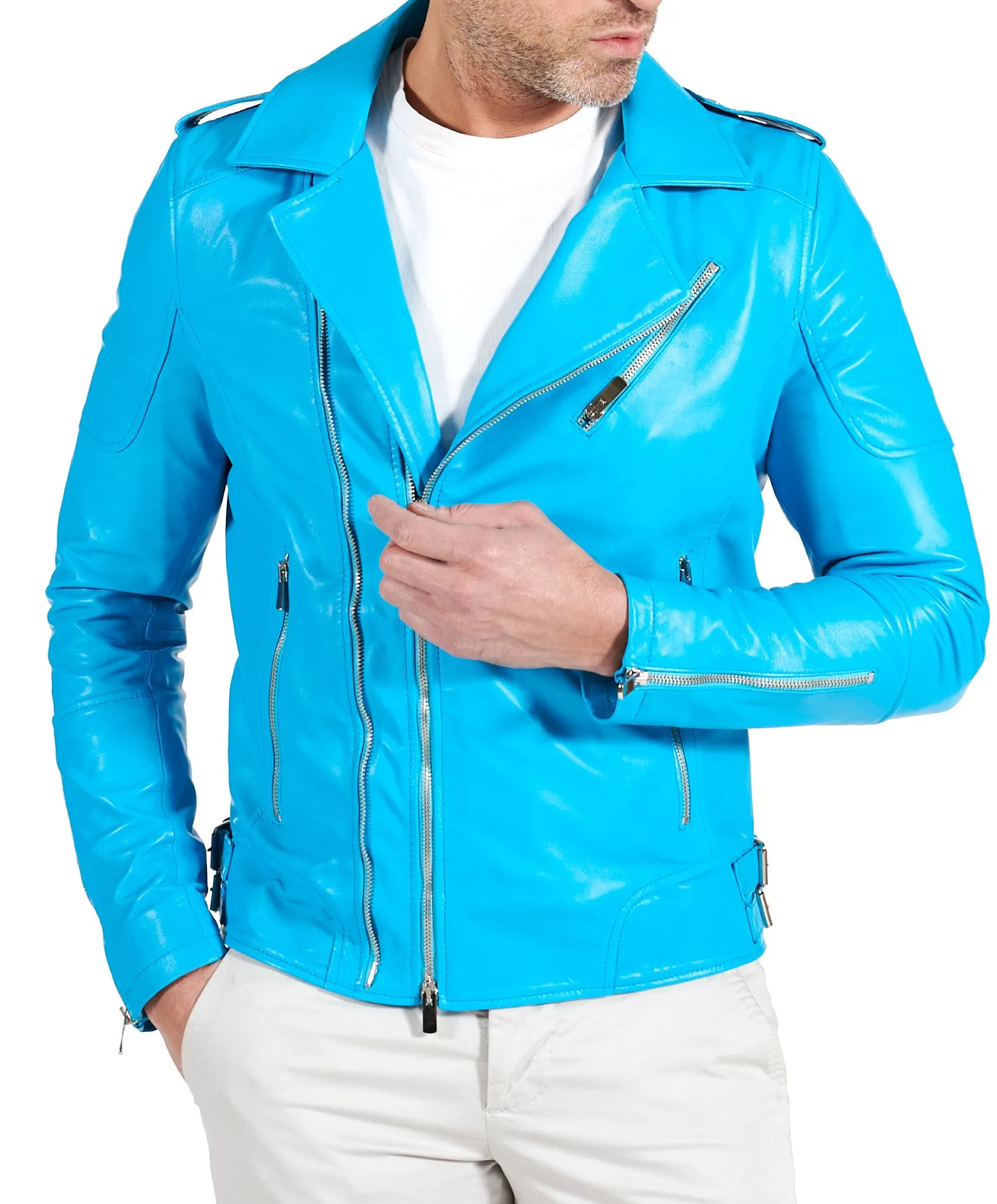 Veste moto cuir homme perfecto bleu clair blouson cuir bleu Santiago