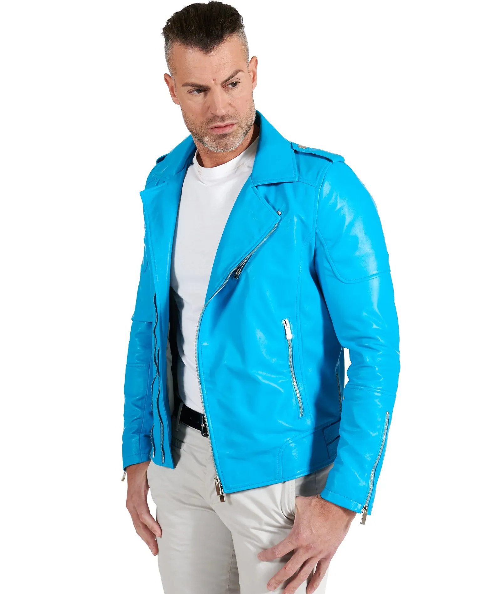 Veste moto cuir homme perfecto bleu clair blouson cuir bleu Santiago