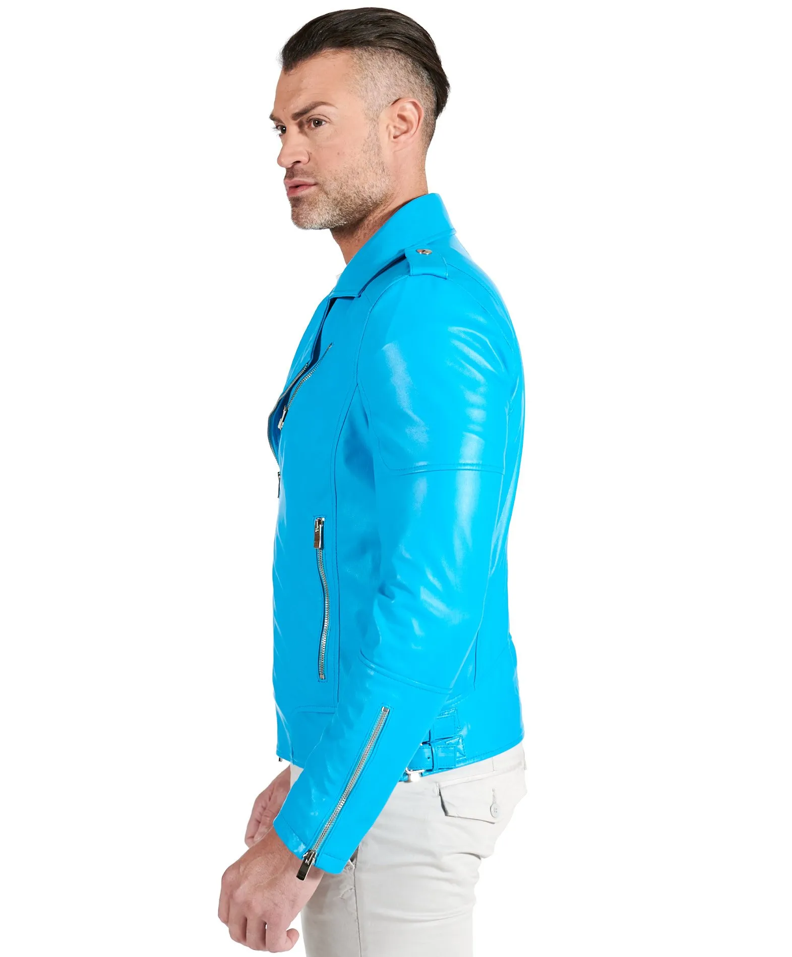 Veste moto cuir homme perfecto bleu clair blouson cuir bleu Santiago