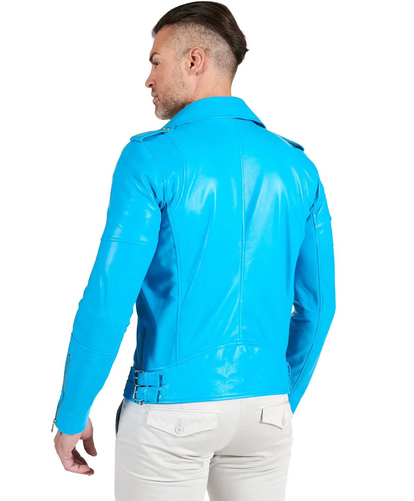 Veste moto cuir homme perfecto bleu clair blouson cuir bleu Santiago