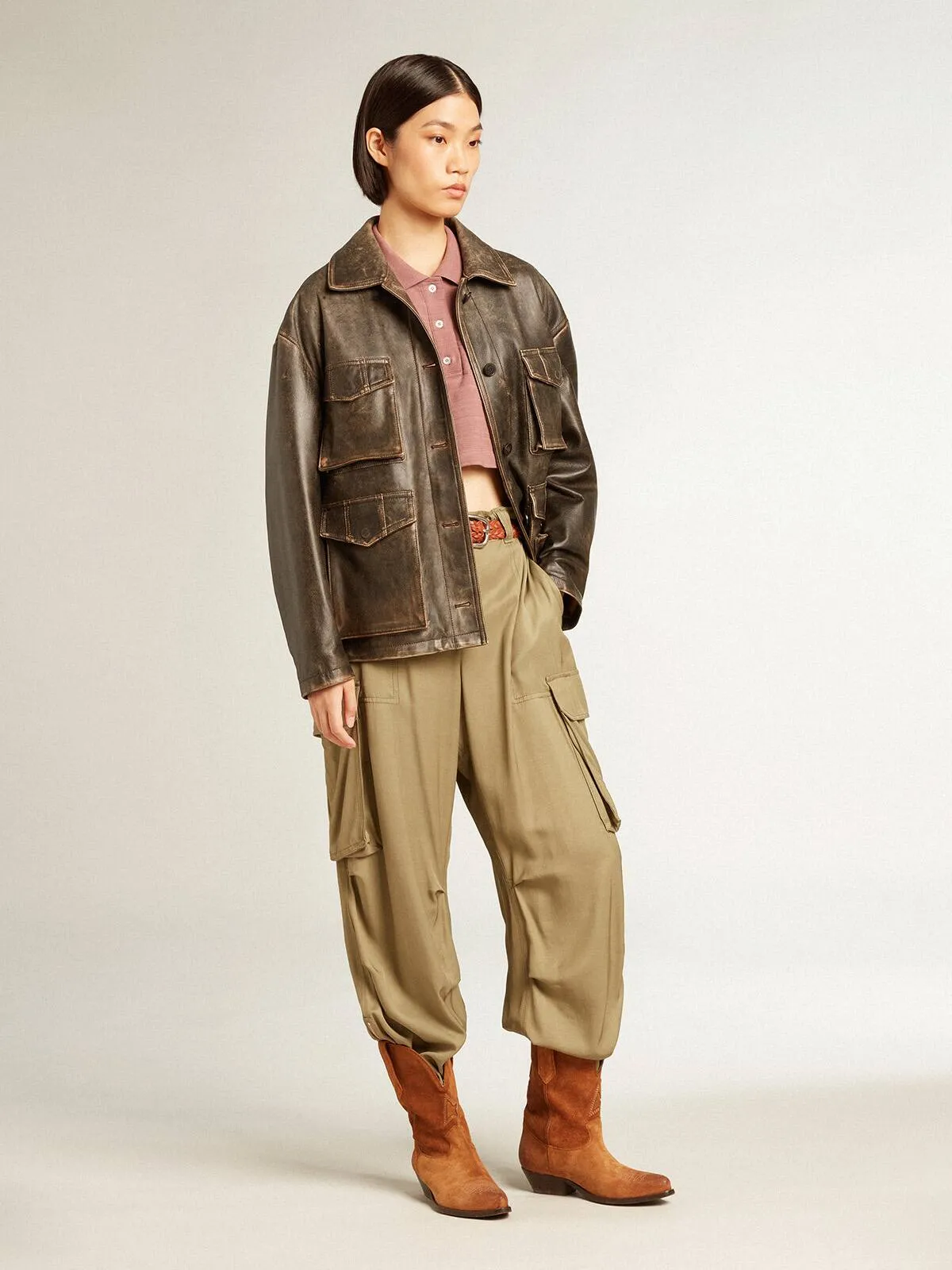 Veste pour femme en cuir nappa marron vieilli