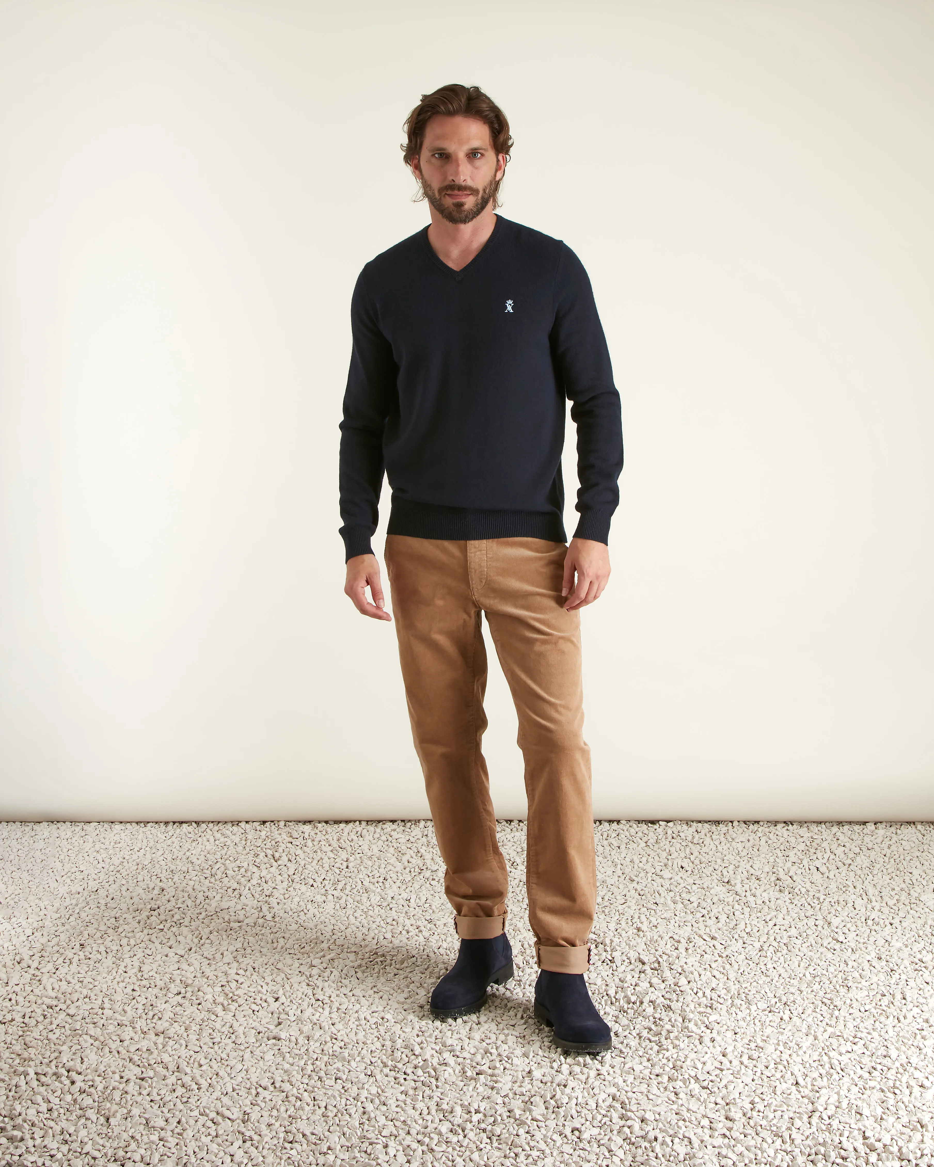 Vicomte A. Pull Col V Uni Homme Laine mérinos certifiée Bleu Marine