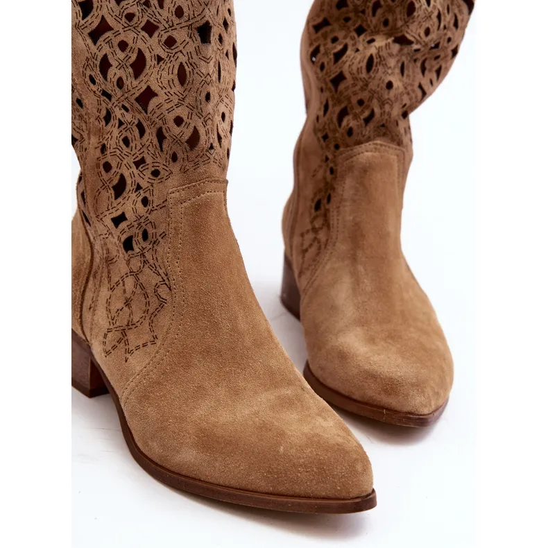 Zazoo 3403 Bottines ajourées à talons bas pour femme, Beige